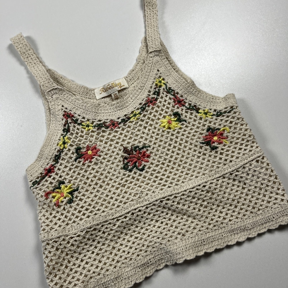 Rebellion Again Crochet Crop Top Size XS Cream Embroidered Flower Boho Tank Top